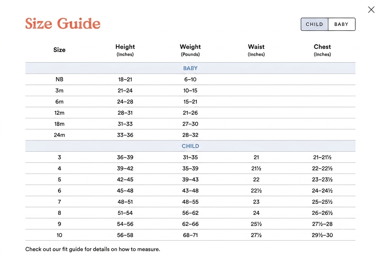 Product size guide