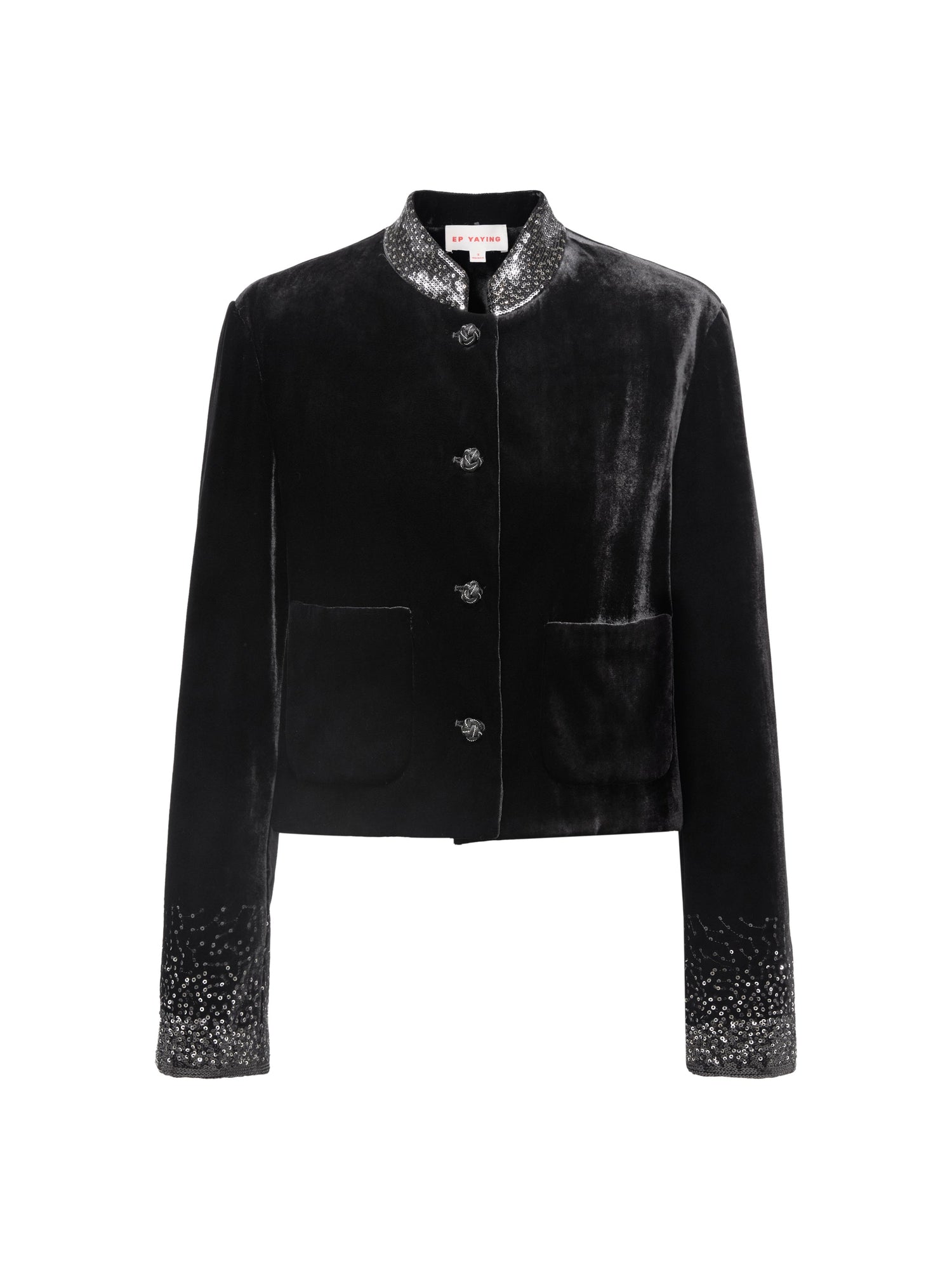 Button Closure Velvet Cropped Blazer | Black