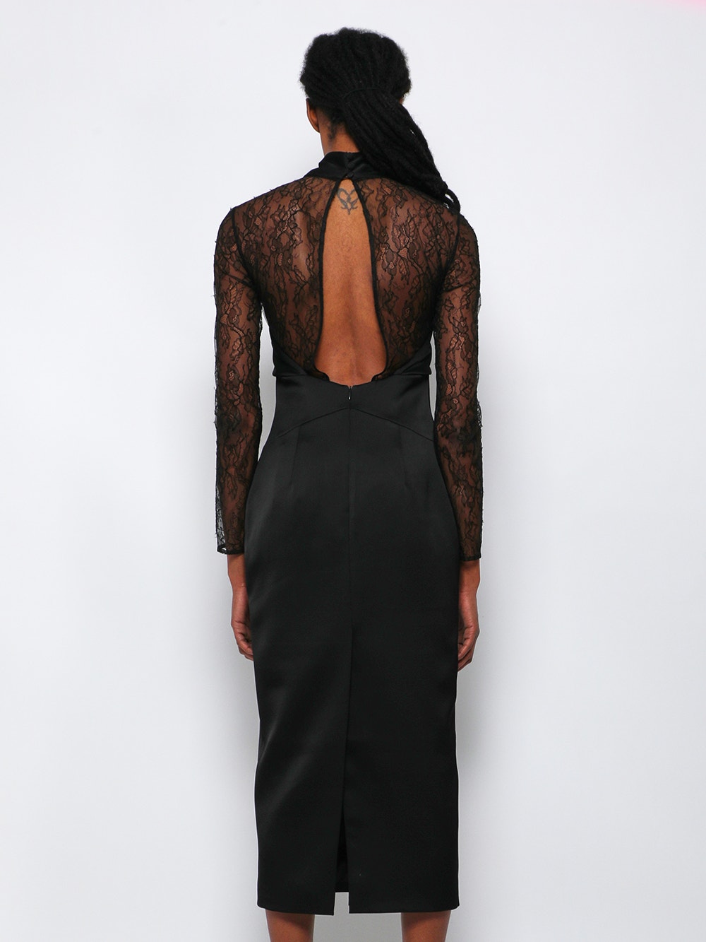 Women | RASARIO | Draped Satin Lace Midi Dress With Buckle And Ring | Black