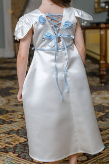 Girl | Daphne Satin Dress with Embroidery | White x Blue