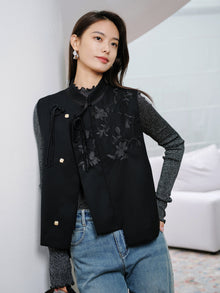 Wool Embroidered Stand Collar Vest | Black