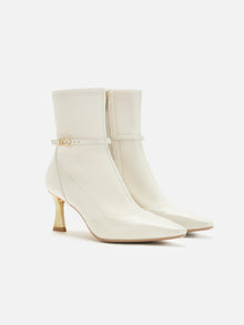 Stretch Lambskin Spliced Pointed Toe High-Heeled Ankle Boots | White
