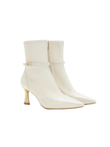 Stretch Lambskin Spliced Pointed Toe High-Heeled Ankle Boots | White
