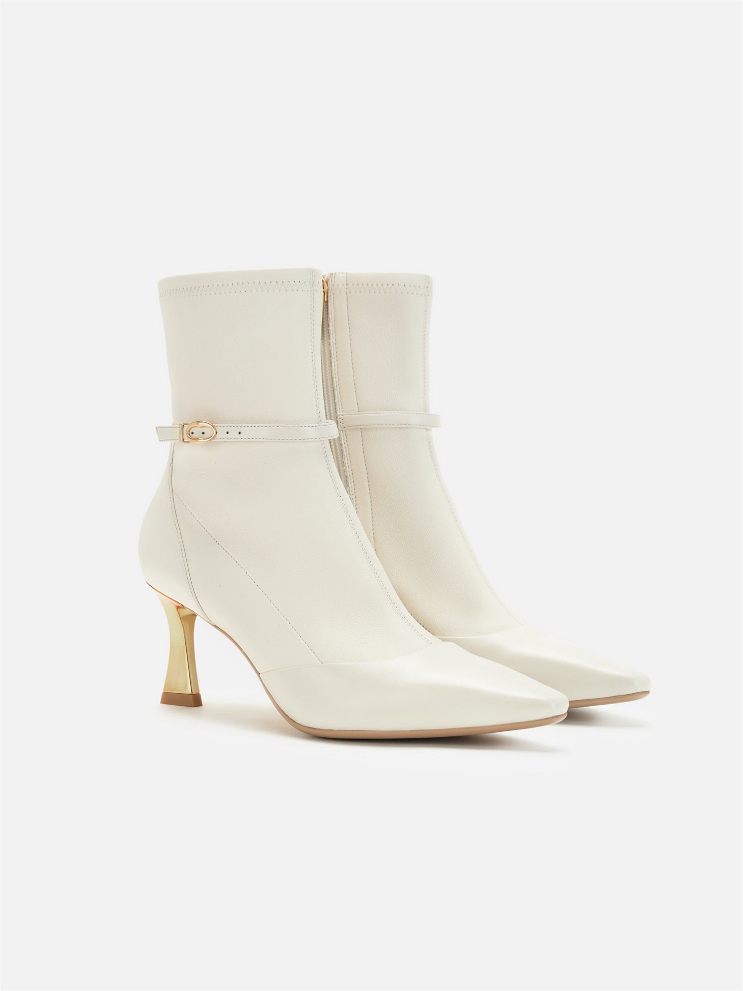 Stretch Lambskin Spliced Pointed Toe High-Heeled Ankle Boots | White