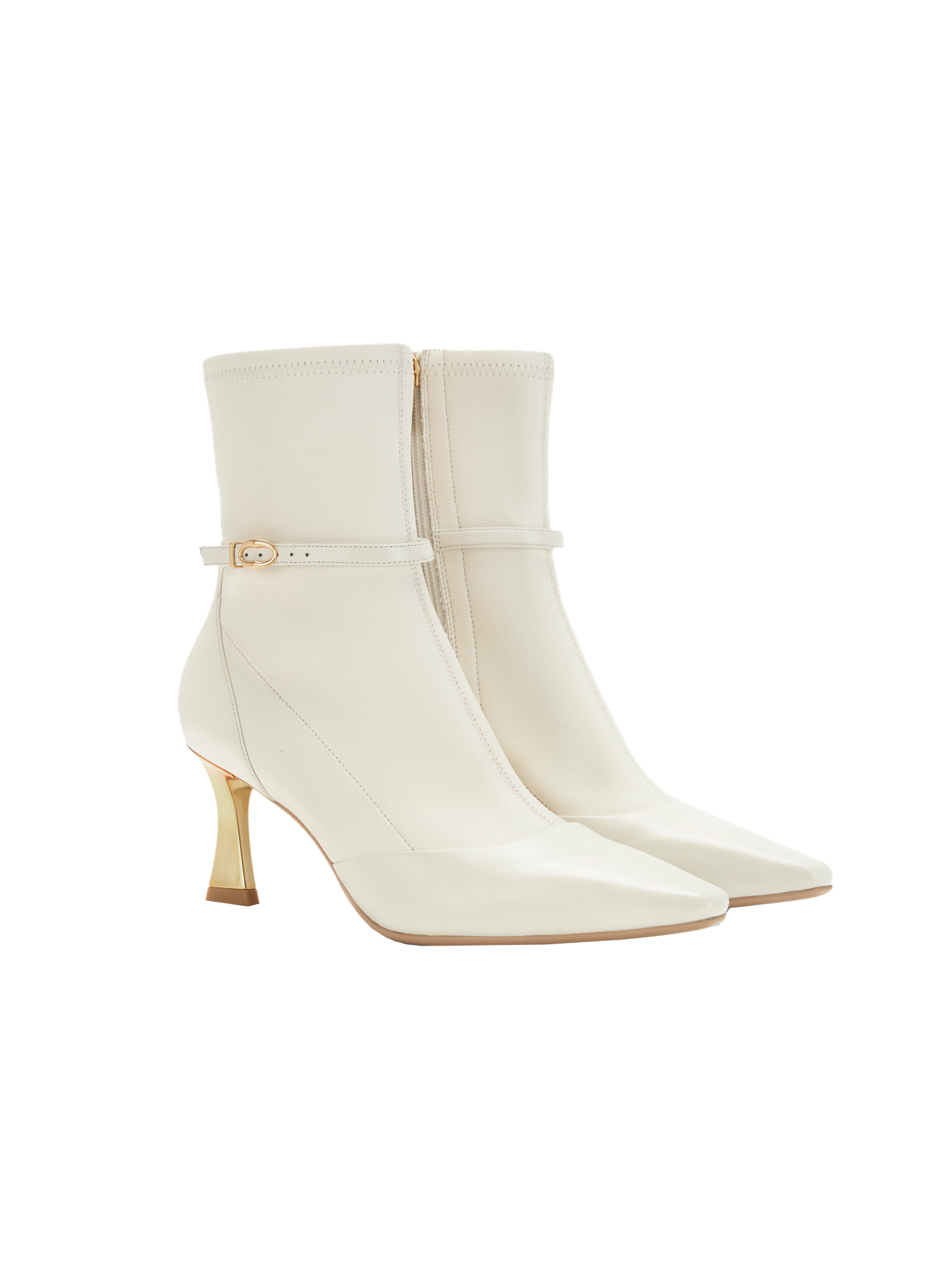 Stretch Lambskin Spliced Pointed Toe High-Heeled Ankle Boots | White