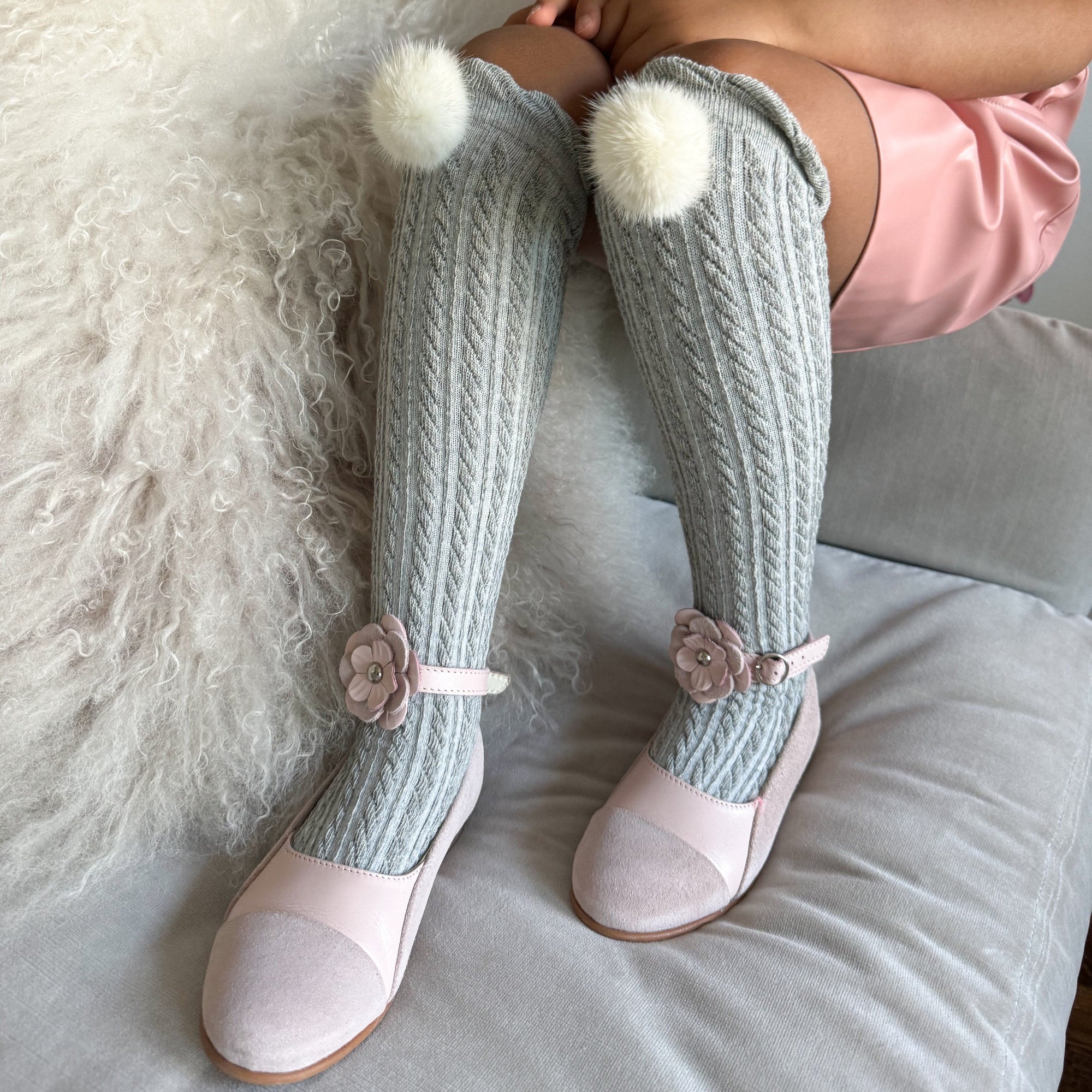 Girl | Grey Knee High Socks with Poms Pom | Gray x White