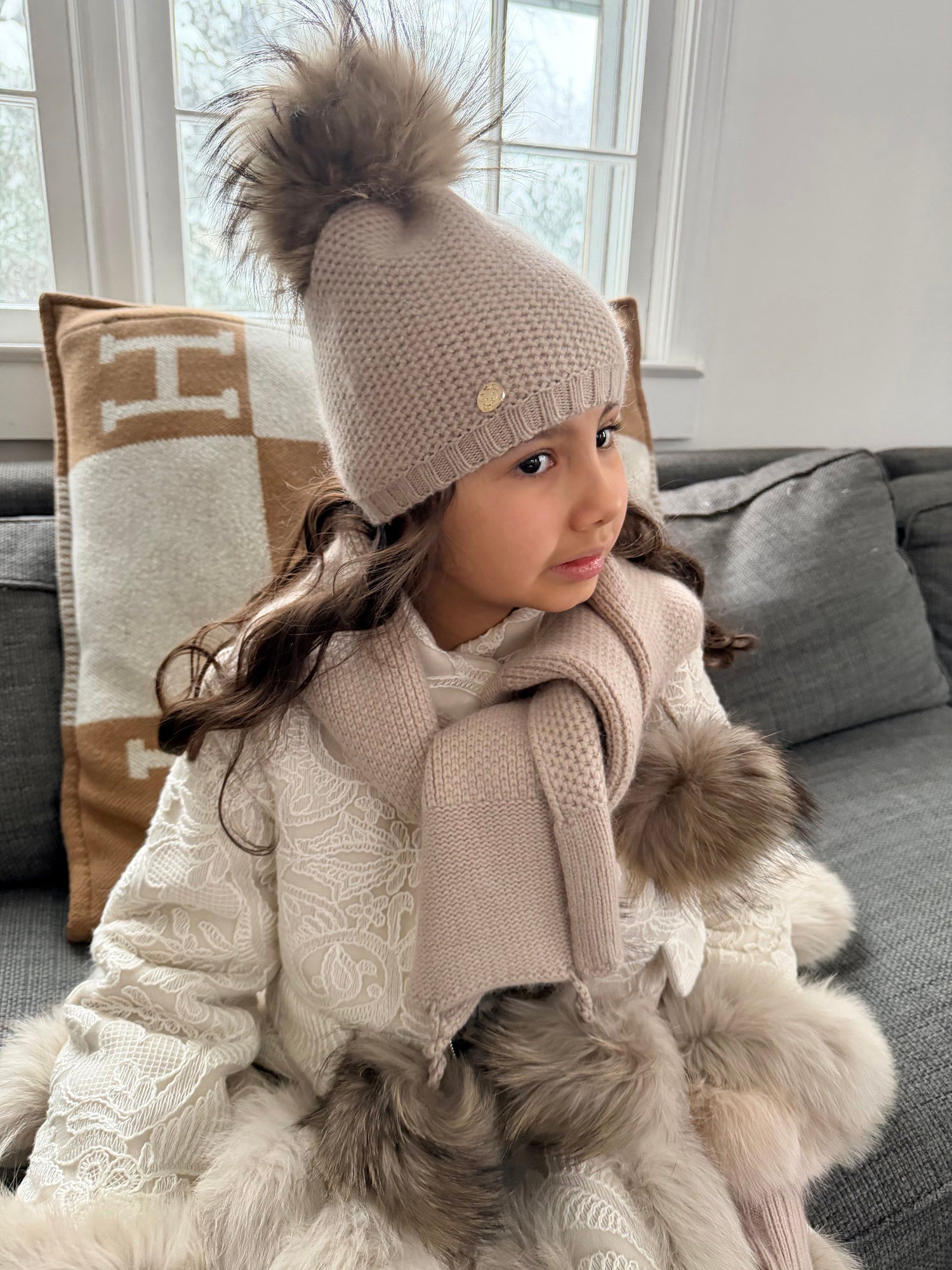 Unisex | Honeycomb Cashmere Fur Pom Scarf Fur Poms | Beige