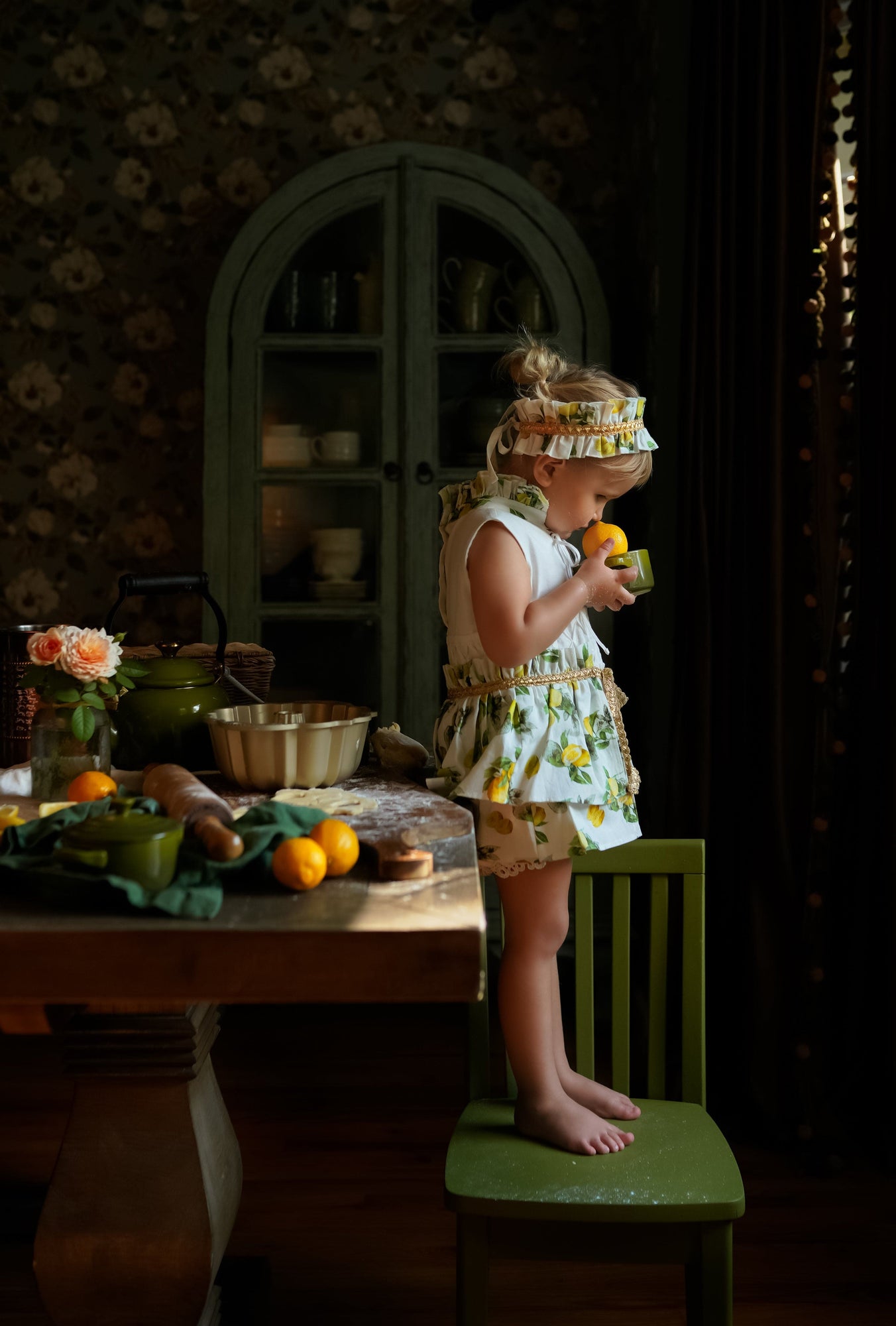 Girl | Amalfi Lemon Print Linen Romper | White x Green x Yellow