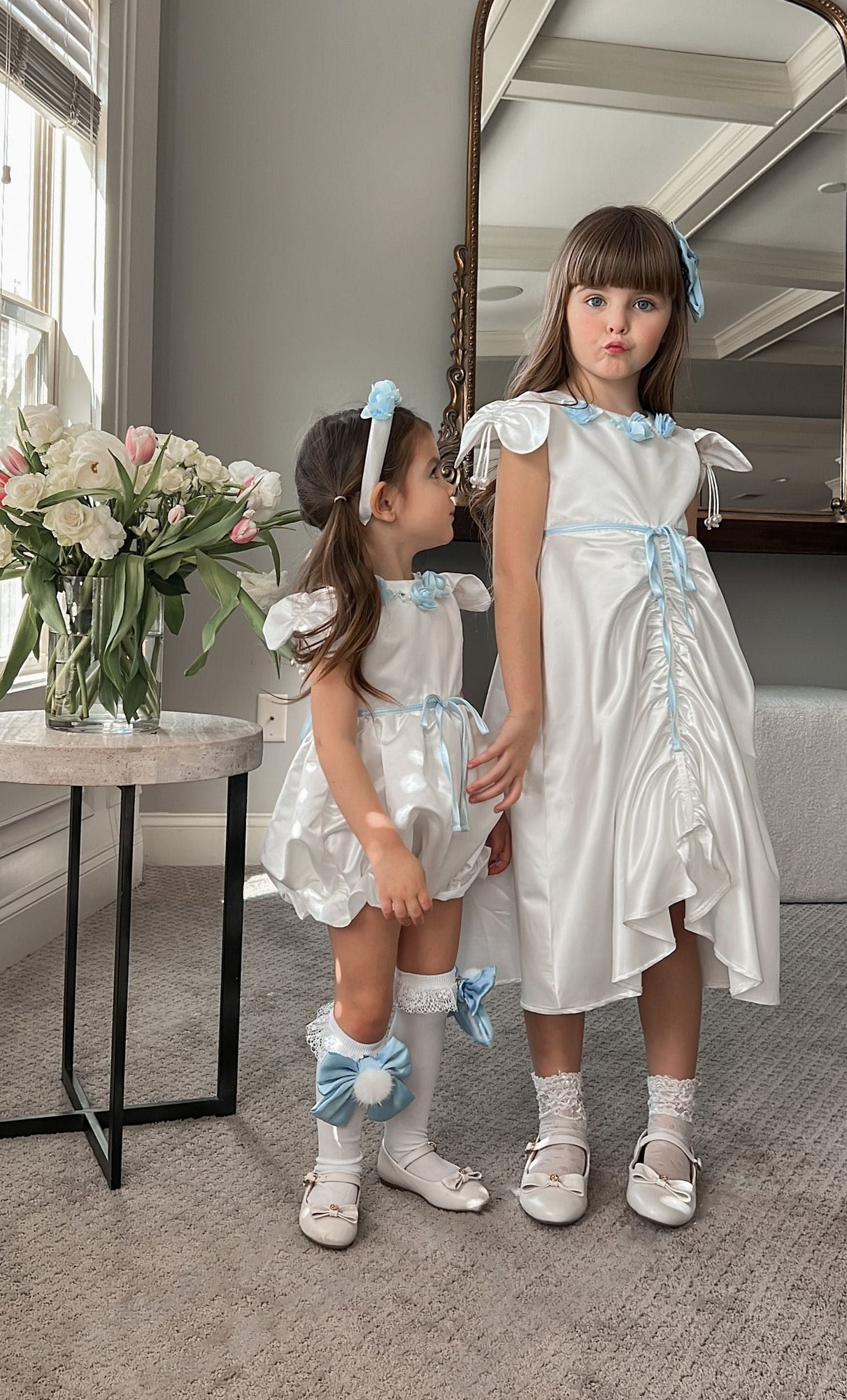 Girl | Daphne Satin Dress with Embroidery | White x Blue
