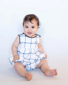 Boy | Checkered Linen Baby Boy Romper | White x Navy