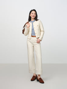 Tweed-Style Plaid Collarless Jacket | White