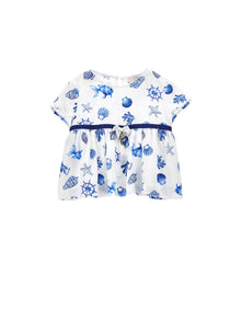 Girls | Marine Print Satin Top | White/Bluette