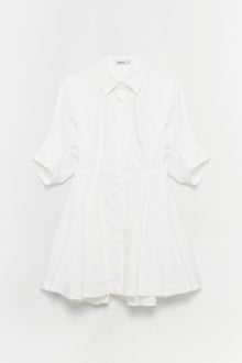 White button-up dress with collared neckline, three-quarter sleeves, and flared skirt.