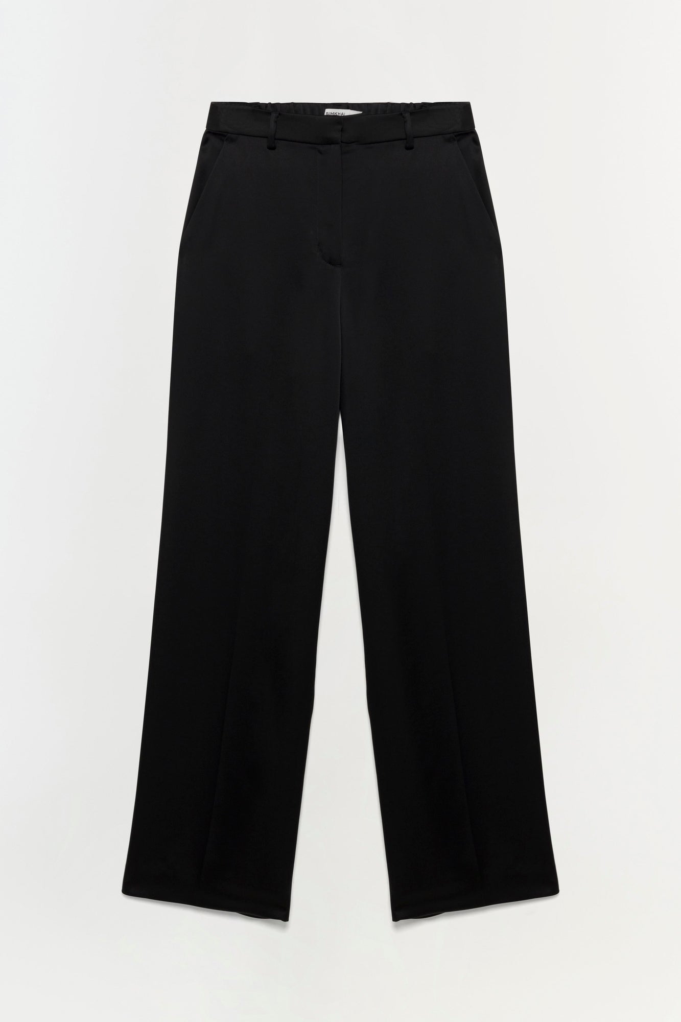 Black wide-leg pants with a flat front, button waistband, and full-length straight silhouette.