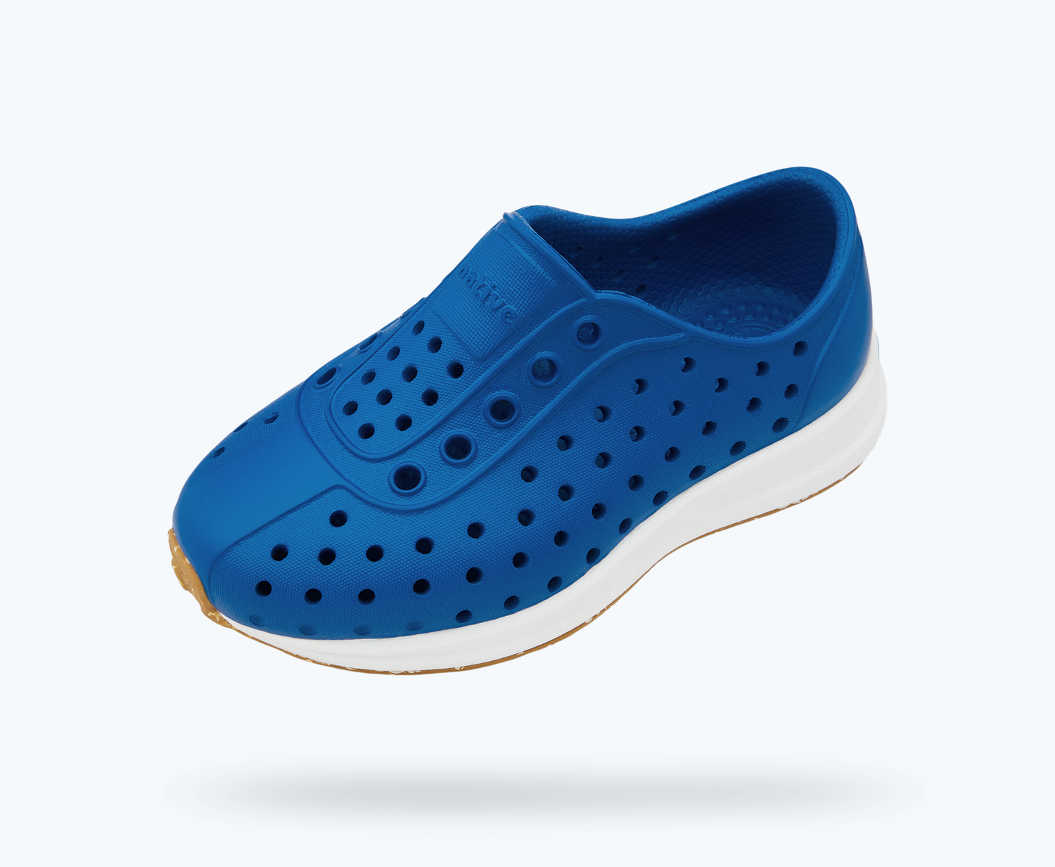Angled view of a Native Shoes Kids Robbie Kids | Victoria Blue/ Shell White/ Mash Speckle Rubber Footwear