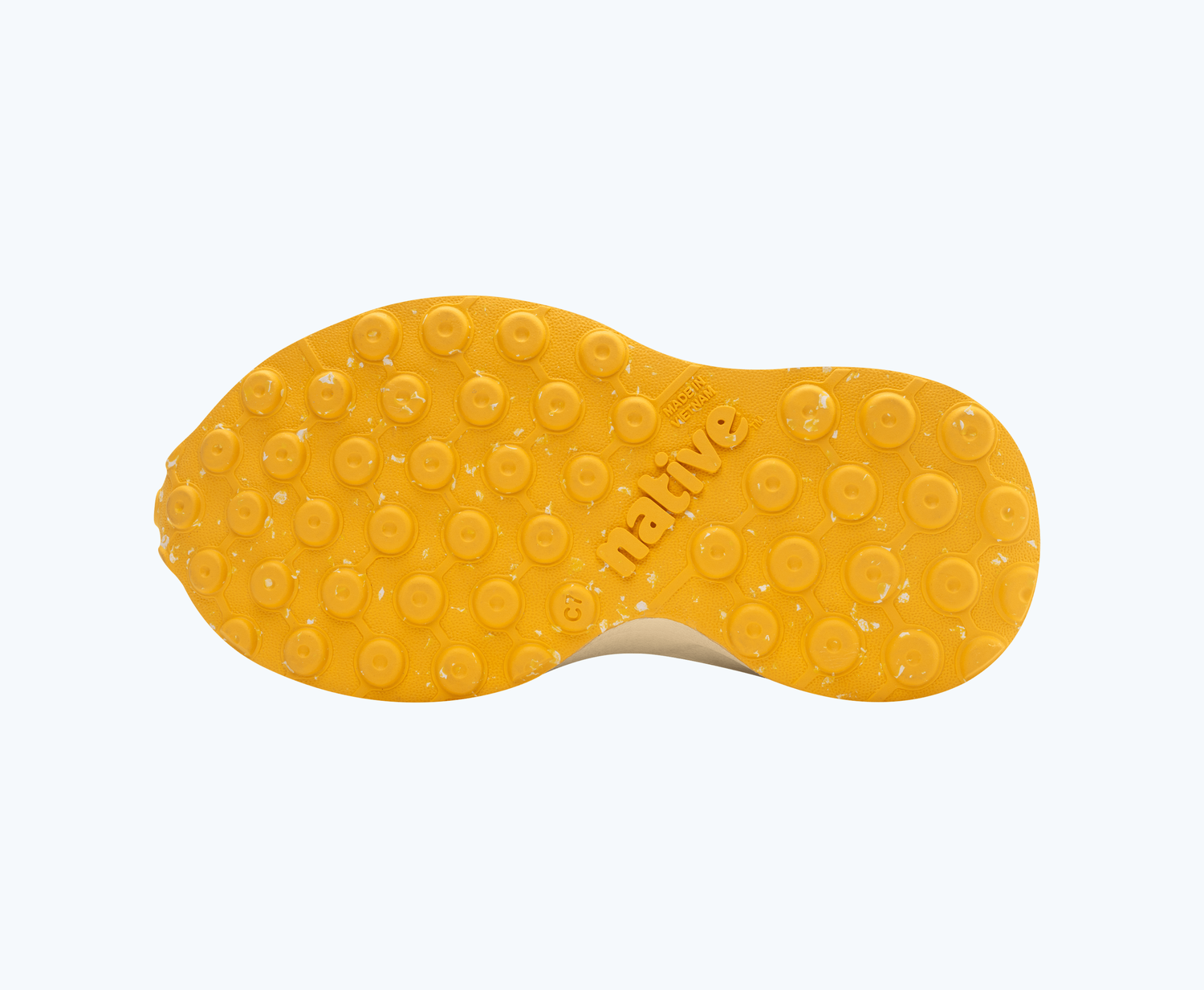 Bottom view of a Native Shoes Kids Robbie Print Kids | Wave Blue/ Bone White/ Pineapple Speckle Rubber/ Wave Foggy Fade Footwear