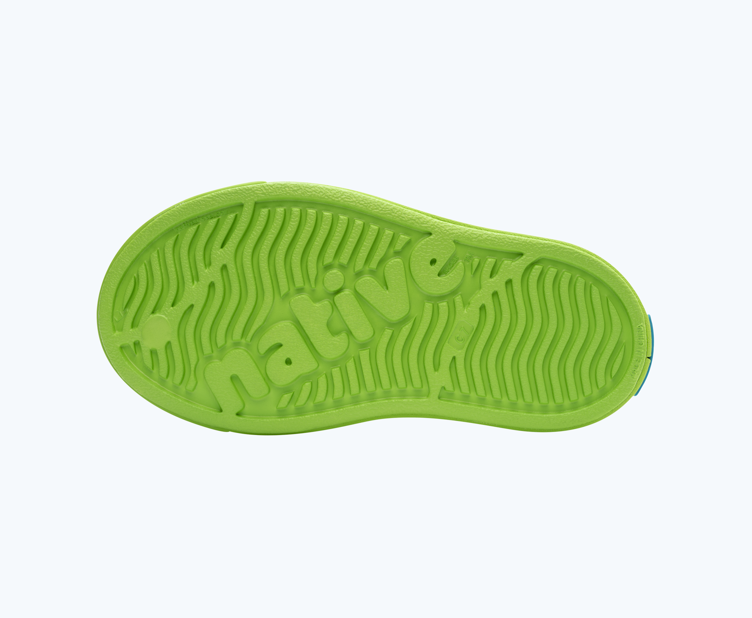 Bottom view of a Native Shoes Kids Jefferson Cozy Kids | Snap Green/ Snap Green/ Maui Blue Footwear