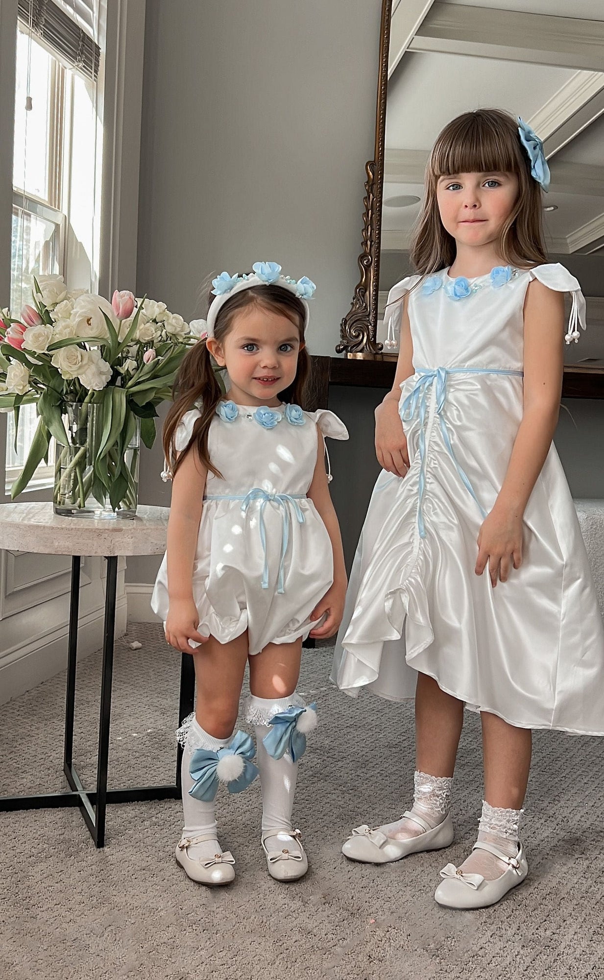 Girl | Daphne Satin Dress with Embroidery | White x Blue