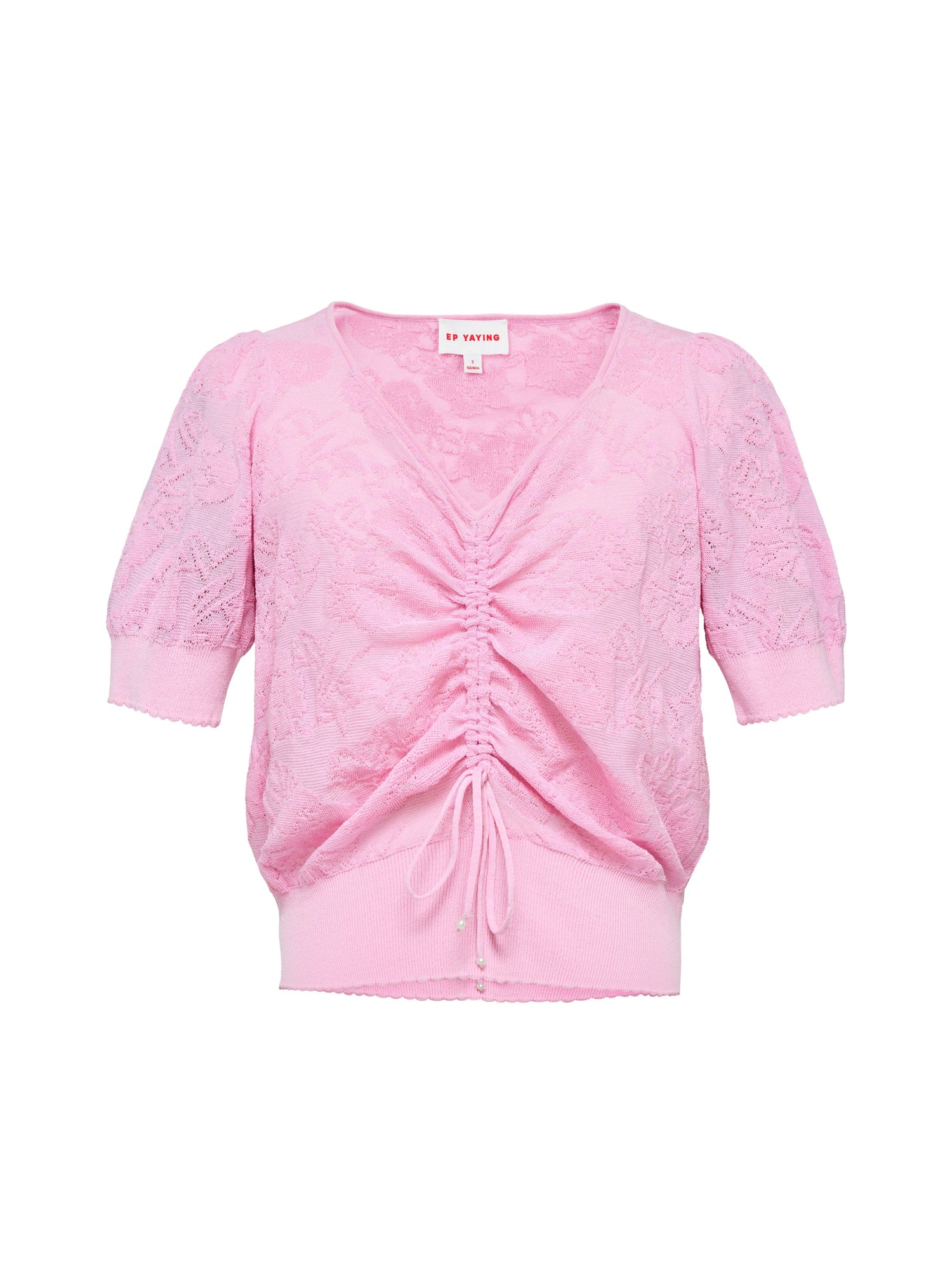 Textured Openwork Jacquard Drawstring Waist Knit Top | Pink