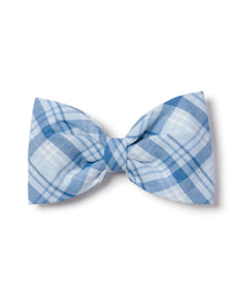 The Petite Plume Dog Twill Bow Tie in Seafarer Tartan, a festive blue and white plaid accessory, stands out beautifully against a crisp white background.