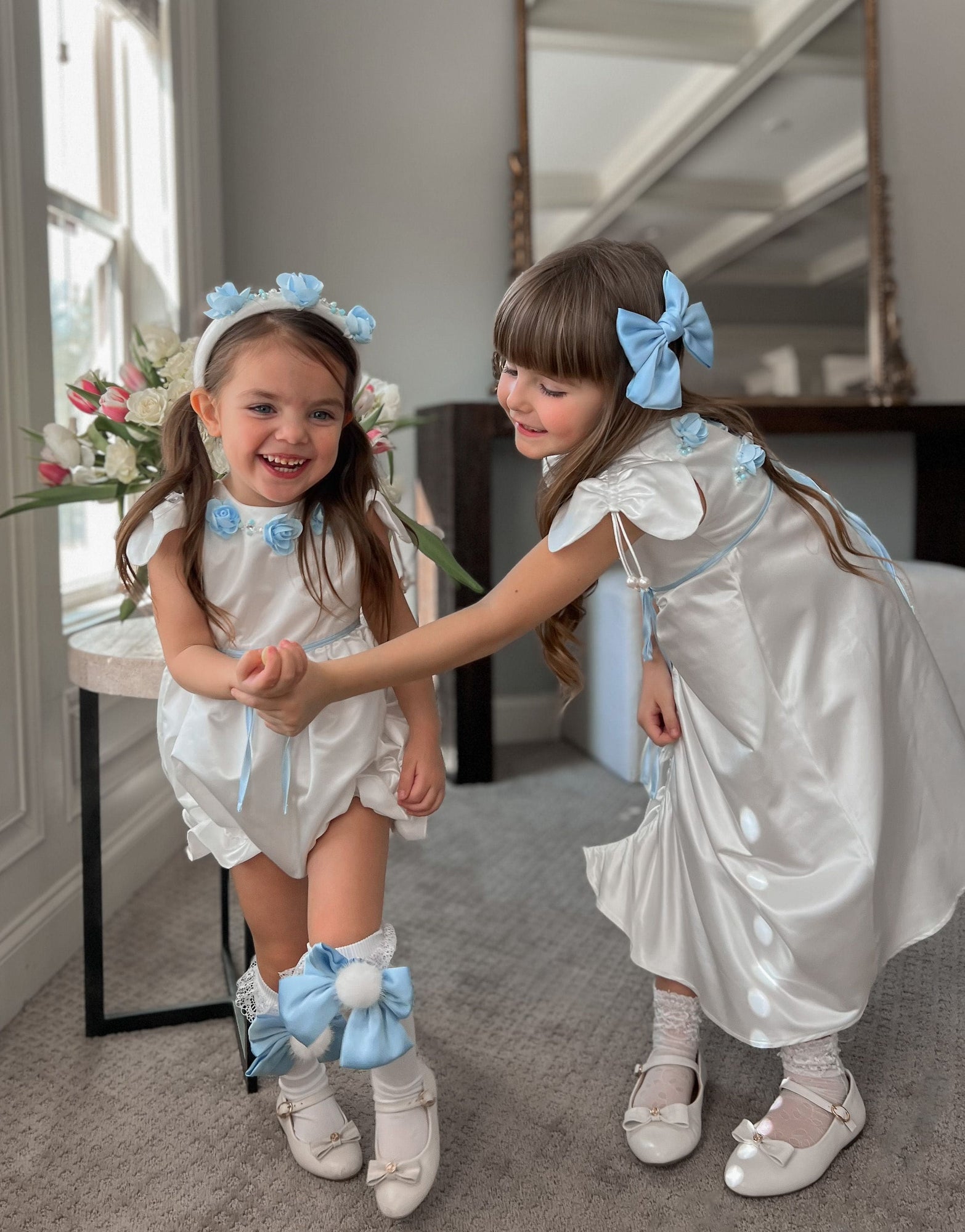 Girl | Daphne Satin Dress with Embroidery | White x Blue