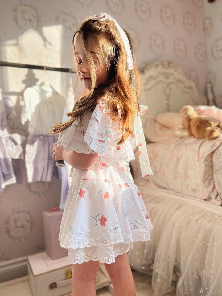 Girl | Tulip Cotton Blouse and Shorts Set | White