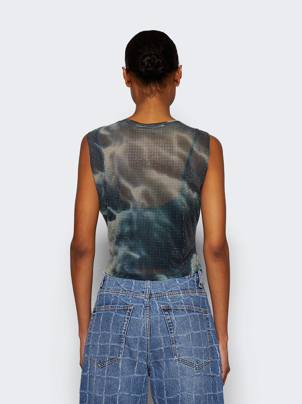 Women | alexanderwang | Crystal Hotfix Organza Jersey Tank Top Cloud-print | Black