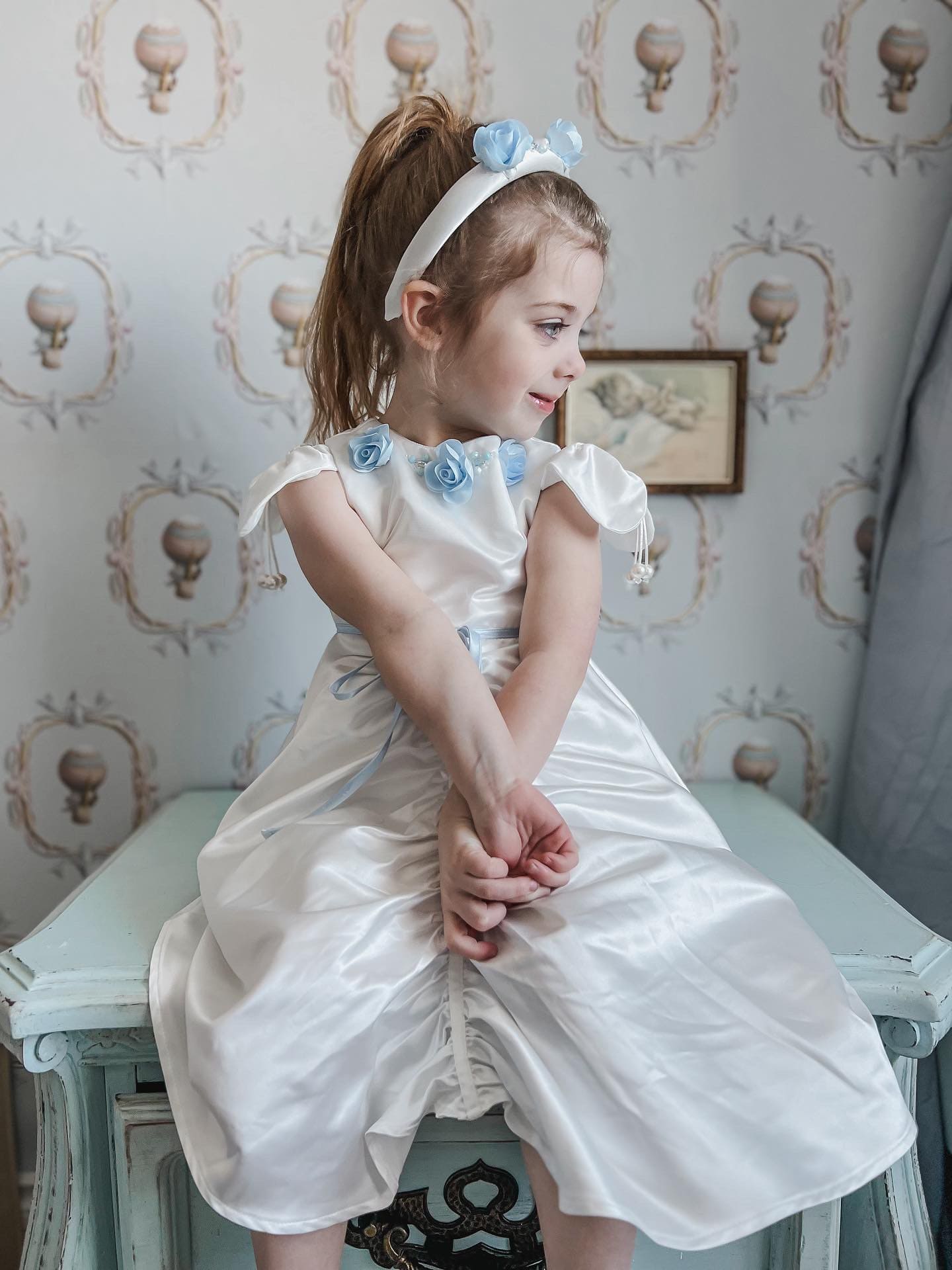 Girl | Daphne Satin Dress with Embroidery | White x Blue