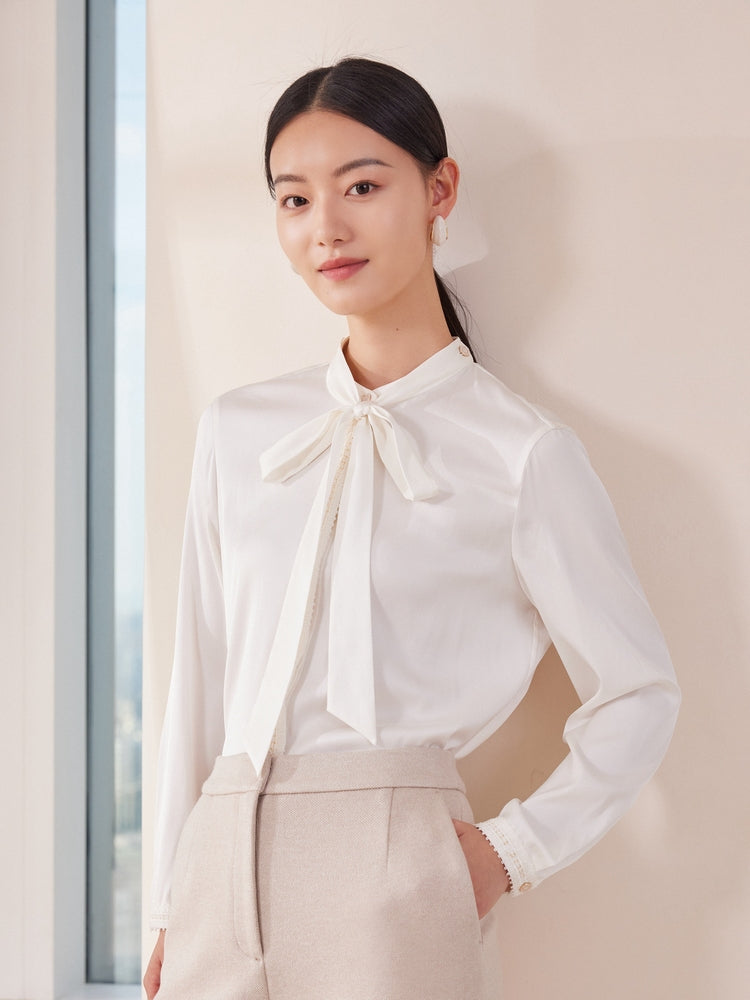 Silk Bow Tie Neckline Shirt | White