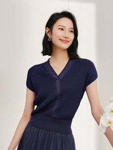 Overlapped V-Neck Knit Sweater | Blue