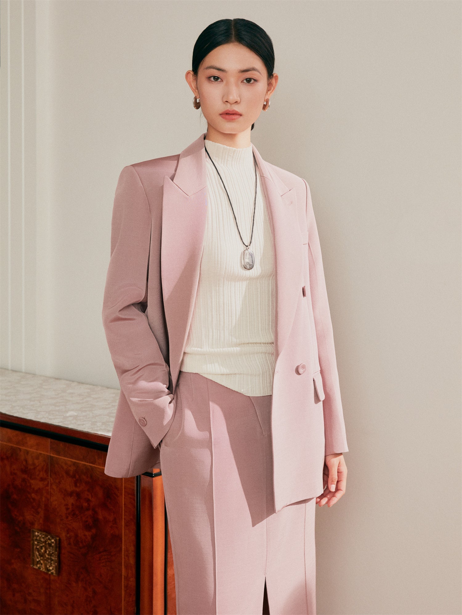 Notched Lapel Double-Breasted Suit Jacket | Purple