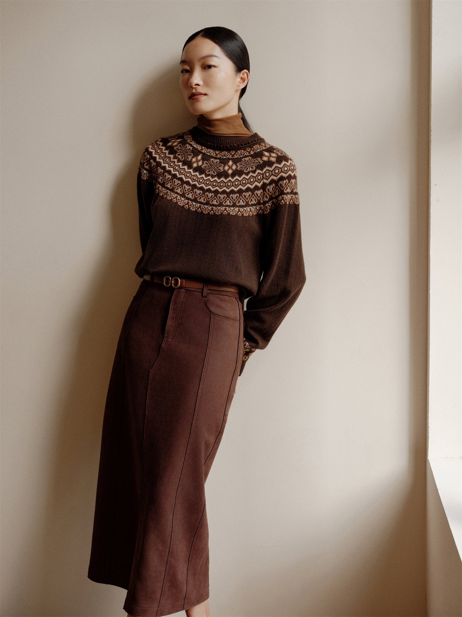 Coffee Yak Wool Ethnic Jacquard Pullover Sweater | Brown