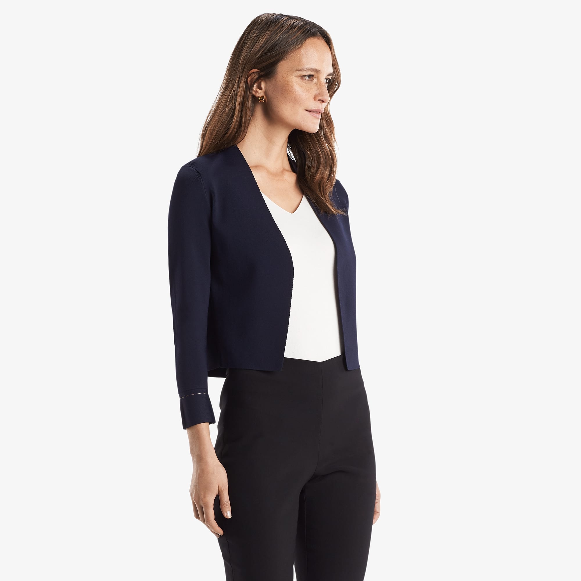 front image of a woman wearing the sant ambroeus jardigan in navy | Exclude