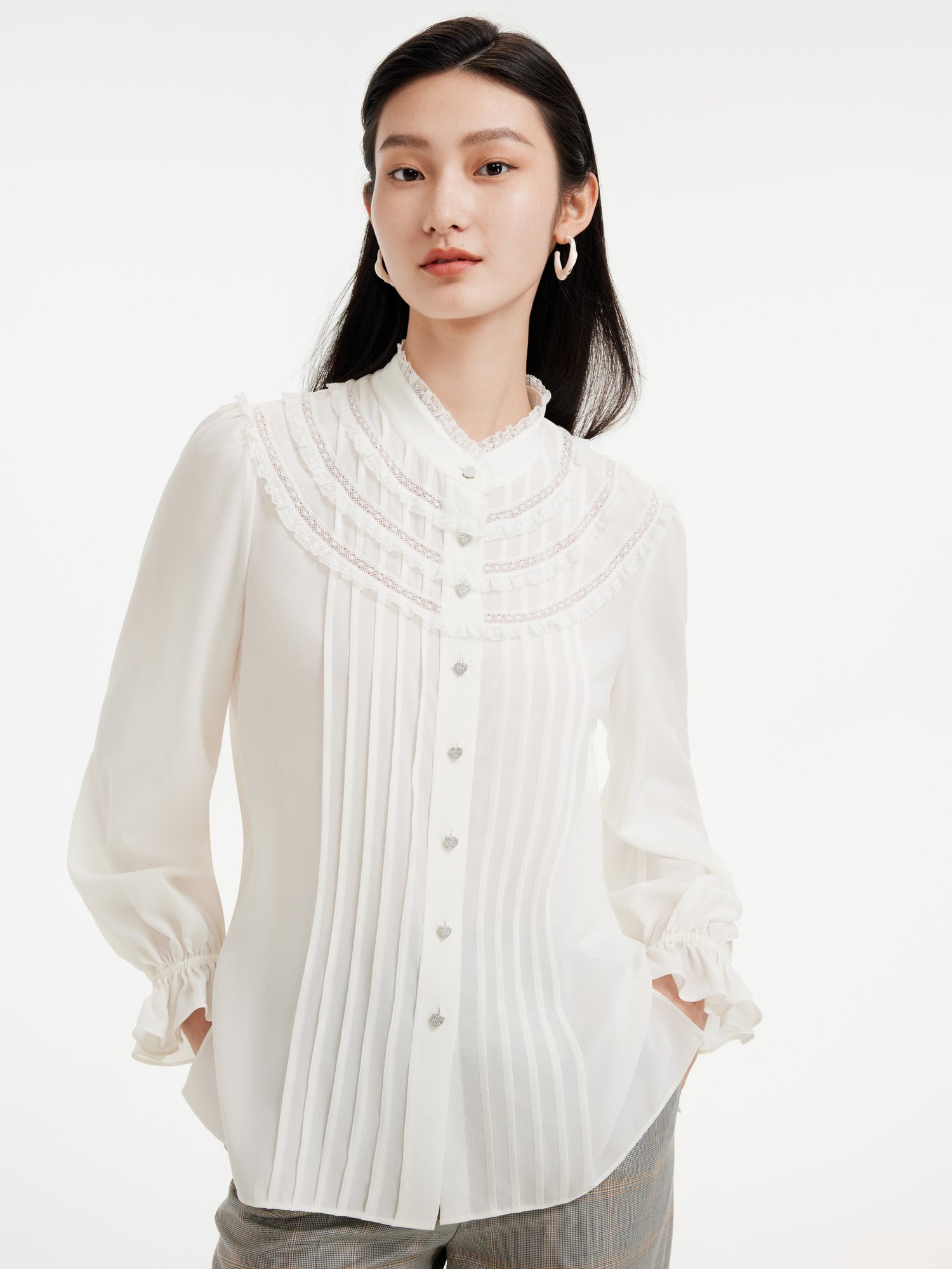 Silk Pleated Sleeve Shirt | White