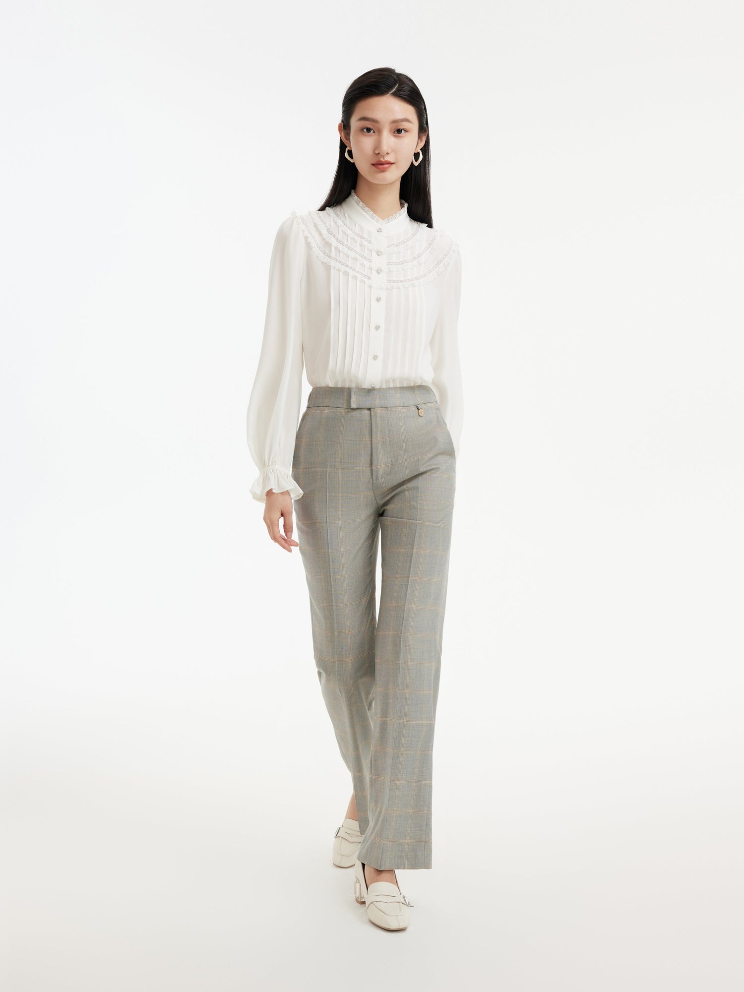 Silk Pleated Sleeve Shirt | White
