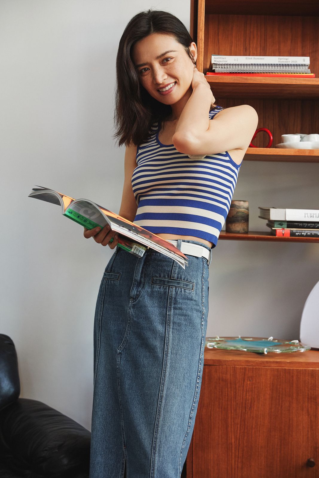 Split Cotton Midi Skirt | Blue