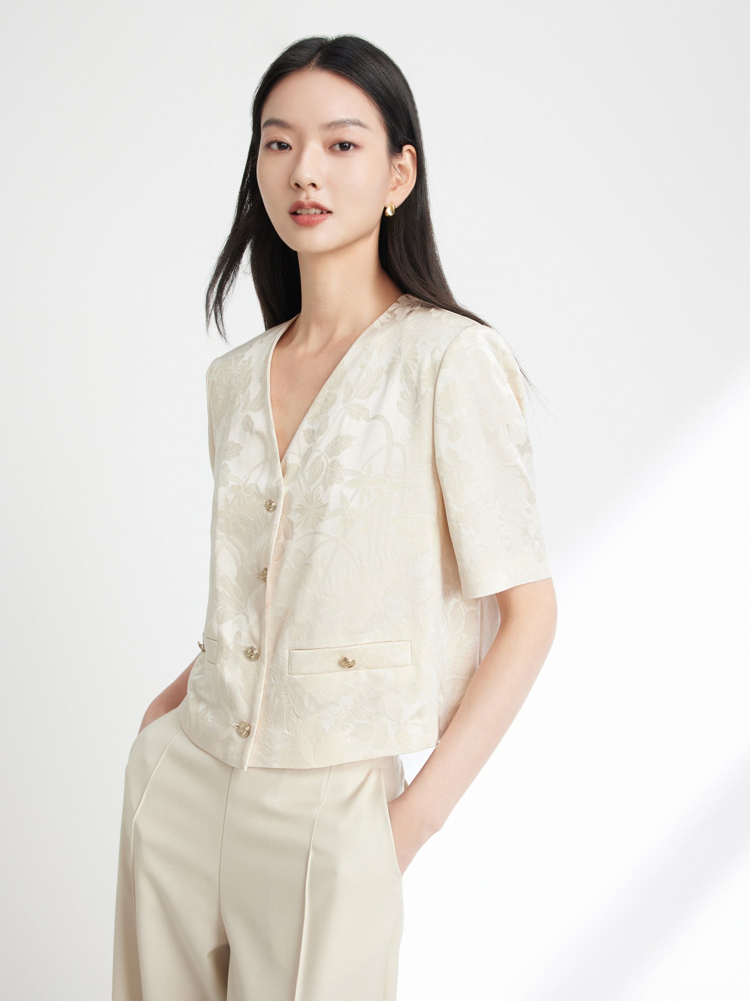 Jacquard Pattern Silk-Blend Top | Beige