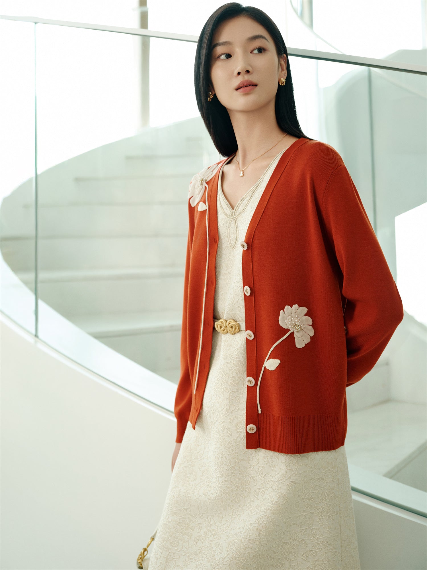 Wool Embroidered Knit Cardigan | Orange