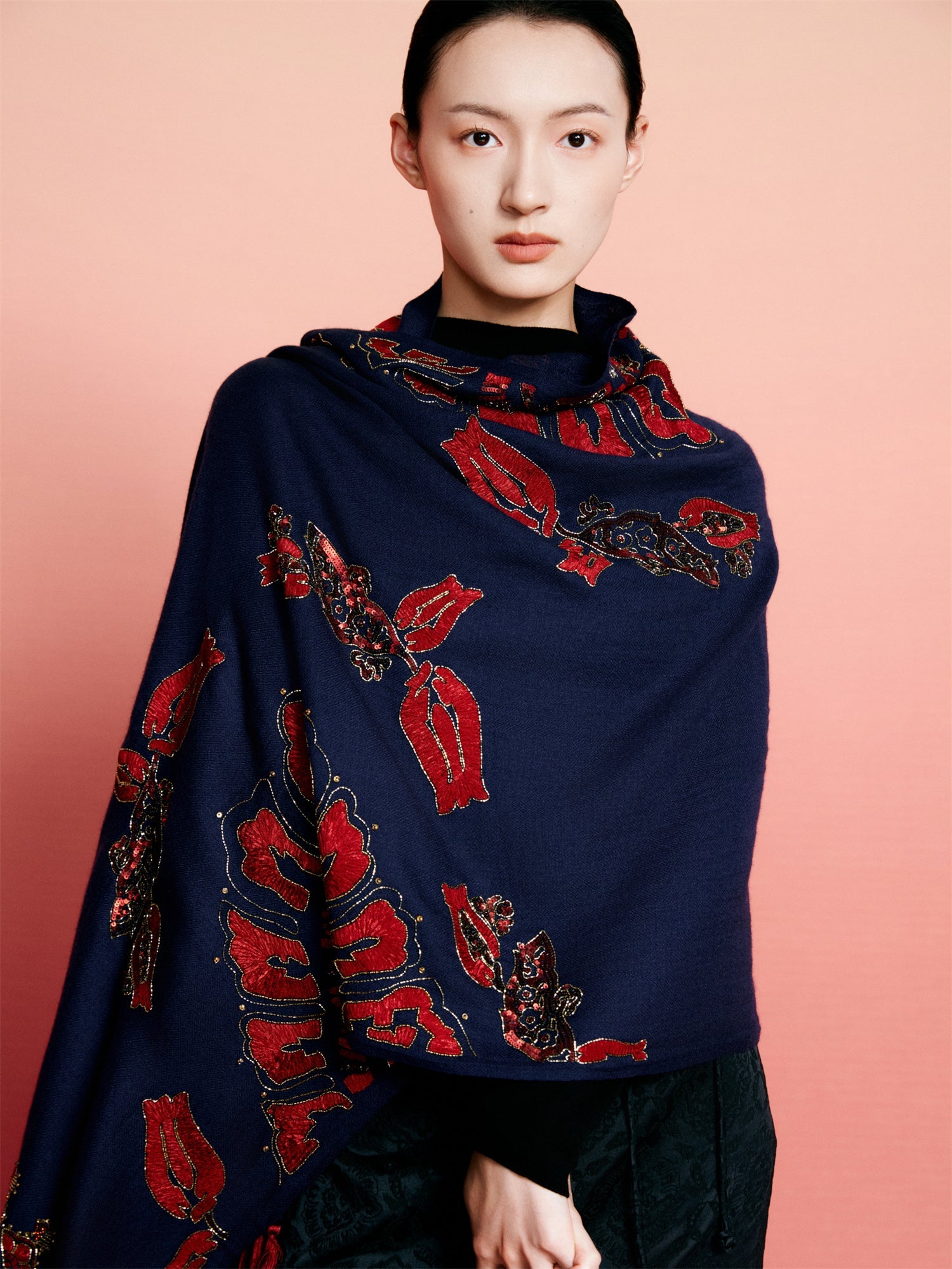 Imported Embroidered Beaded Scarf Shawl | Navy