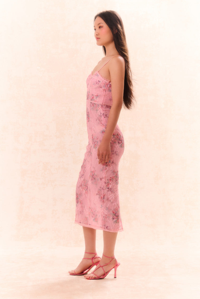 Tresor Lace Bustier Midi Dress | Pink Dusk