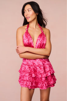 Quintelle Silk Bow-Printed Halter Mini Dress | Raspberry Burst