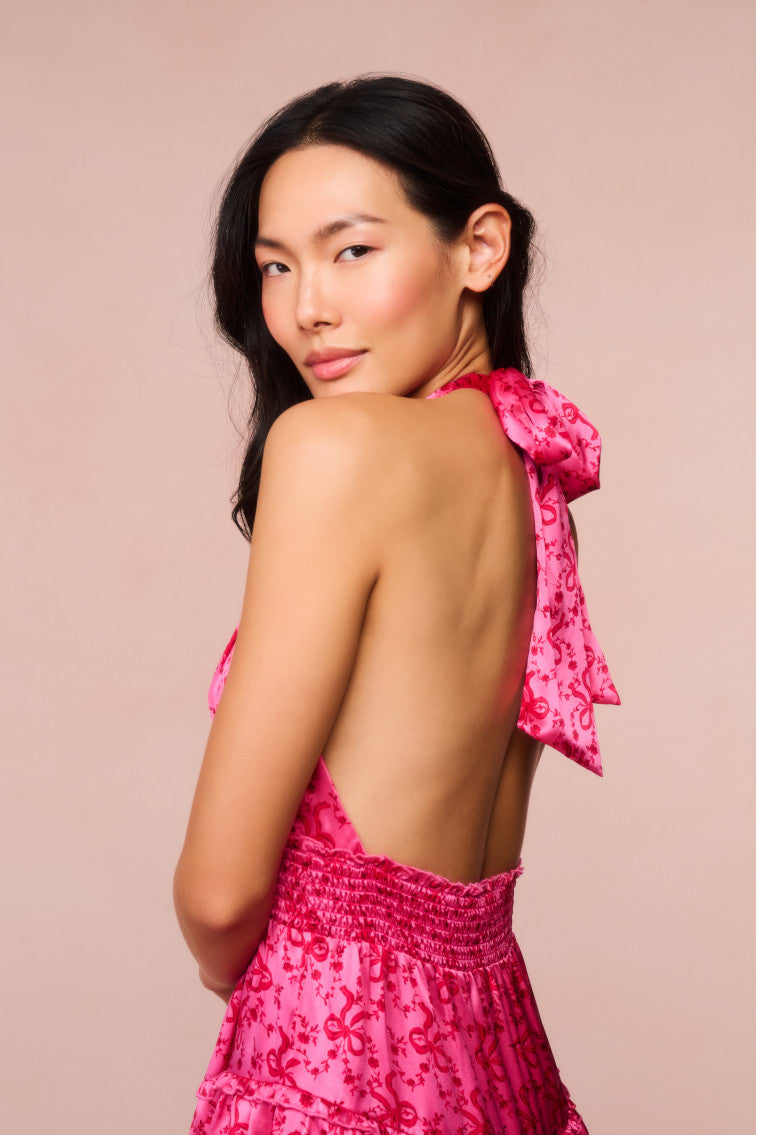Quintelle Silk Bow-Printed Halter Mini Dress | Raspberry Burst