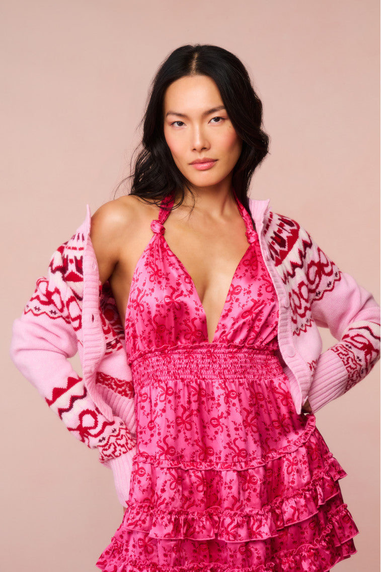 Quintelle Silk Bow-Printed Halter Mini Dress | Raspberry Burst