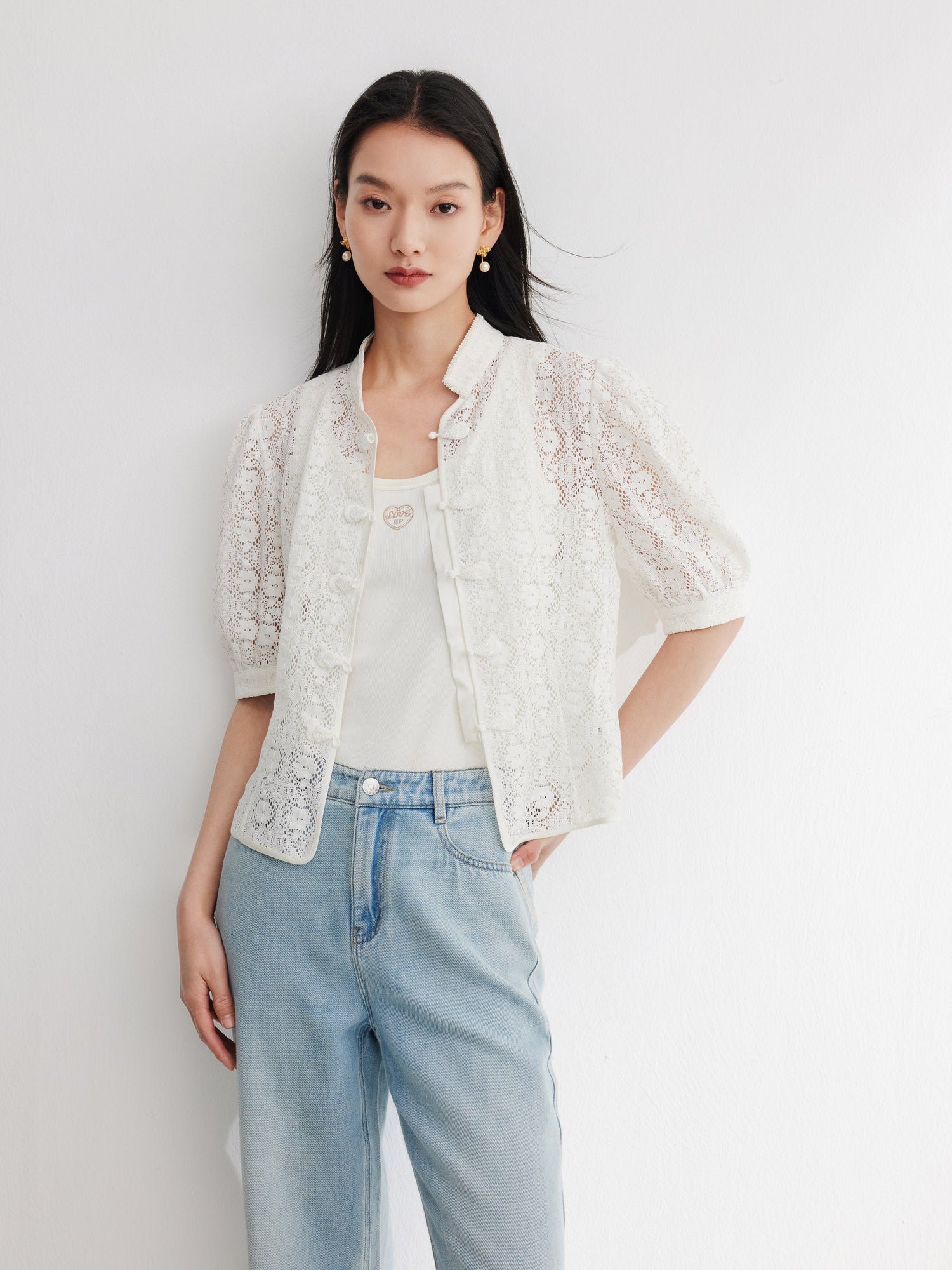 Cotton Lace Openwork Stand Collar Top | White