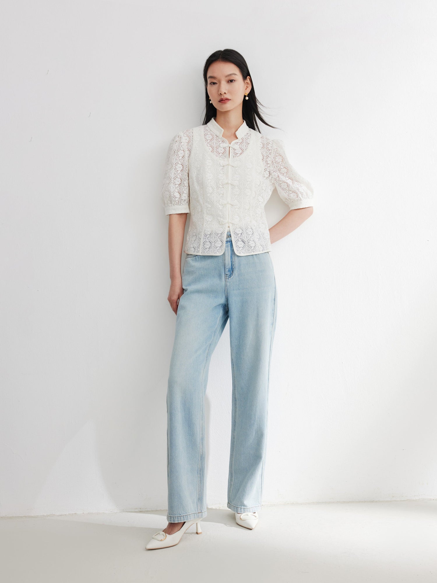 Cotton Lace Openwork Stand Collar Top | White