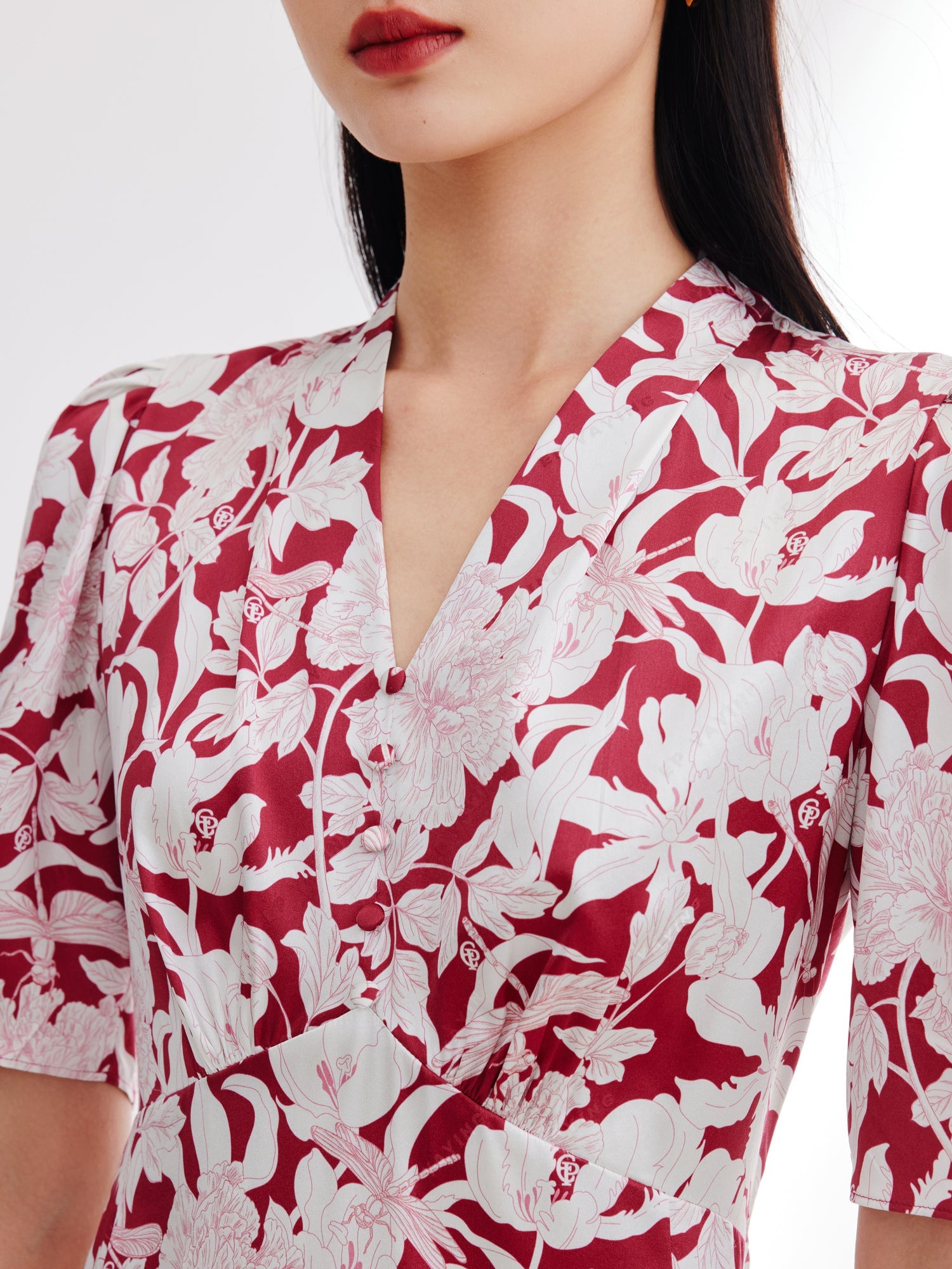 Silk Printed Waist-Cinched Dress | Red