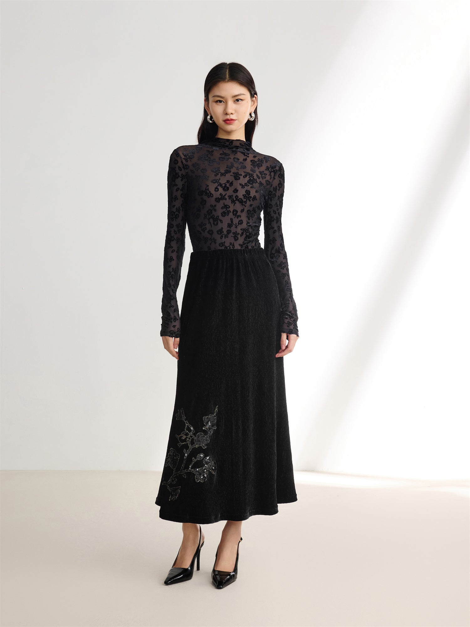 Semi-Sheer Mesh Turtleneck Top | Black