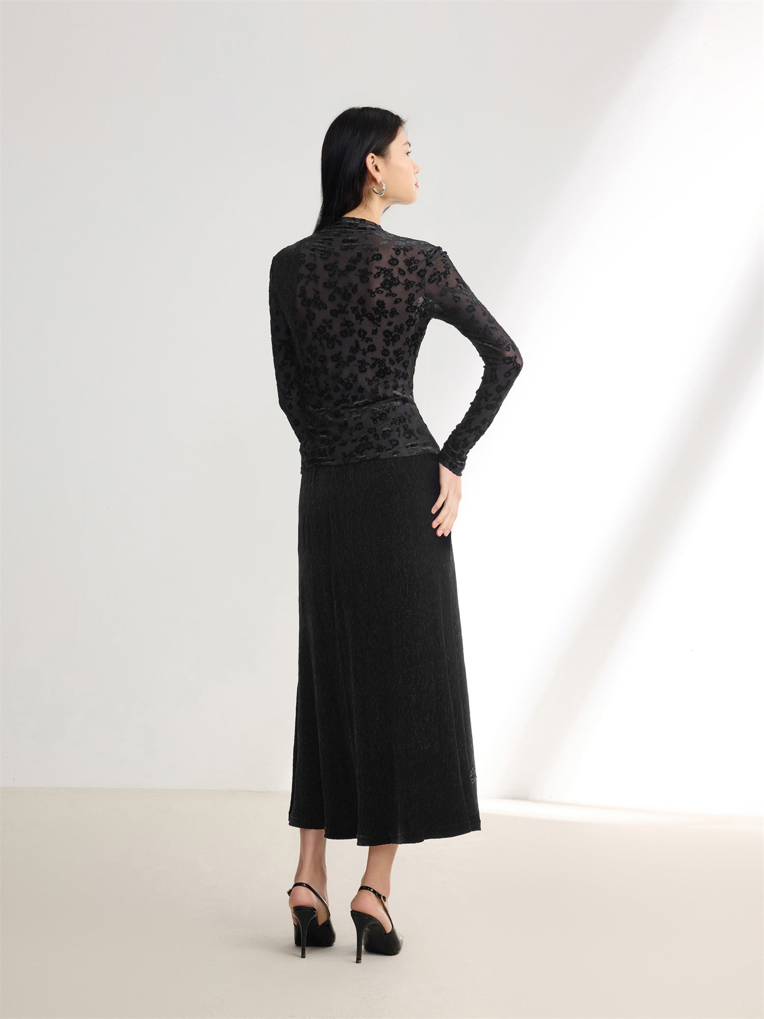 Semi-Sheer Mesh Turtleneck Top | Black