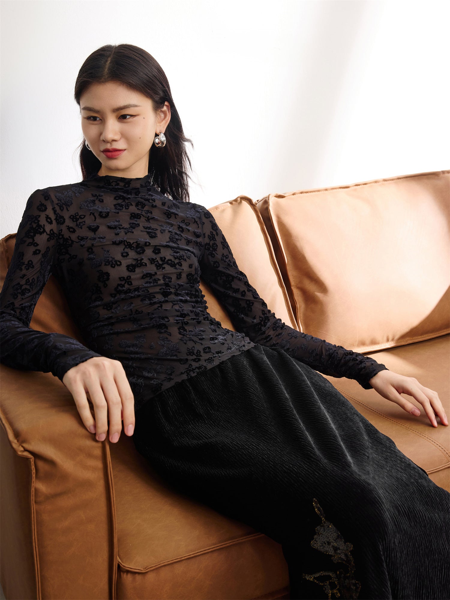 Semi-Sheer Mesh Turtleneck Top | Black