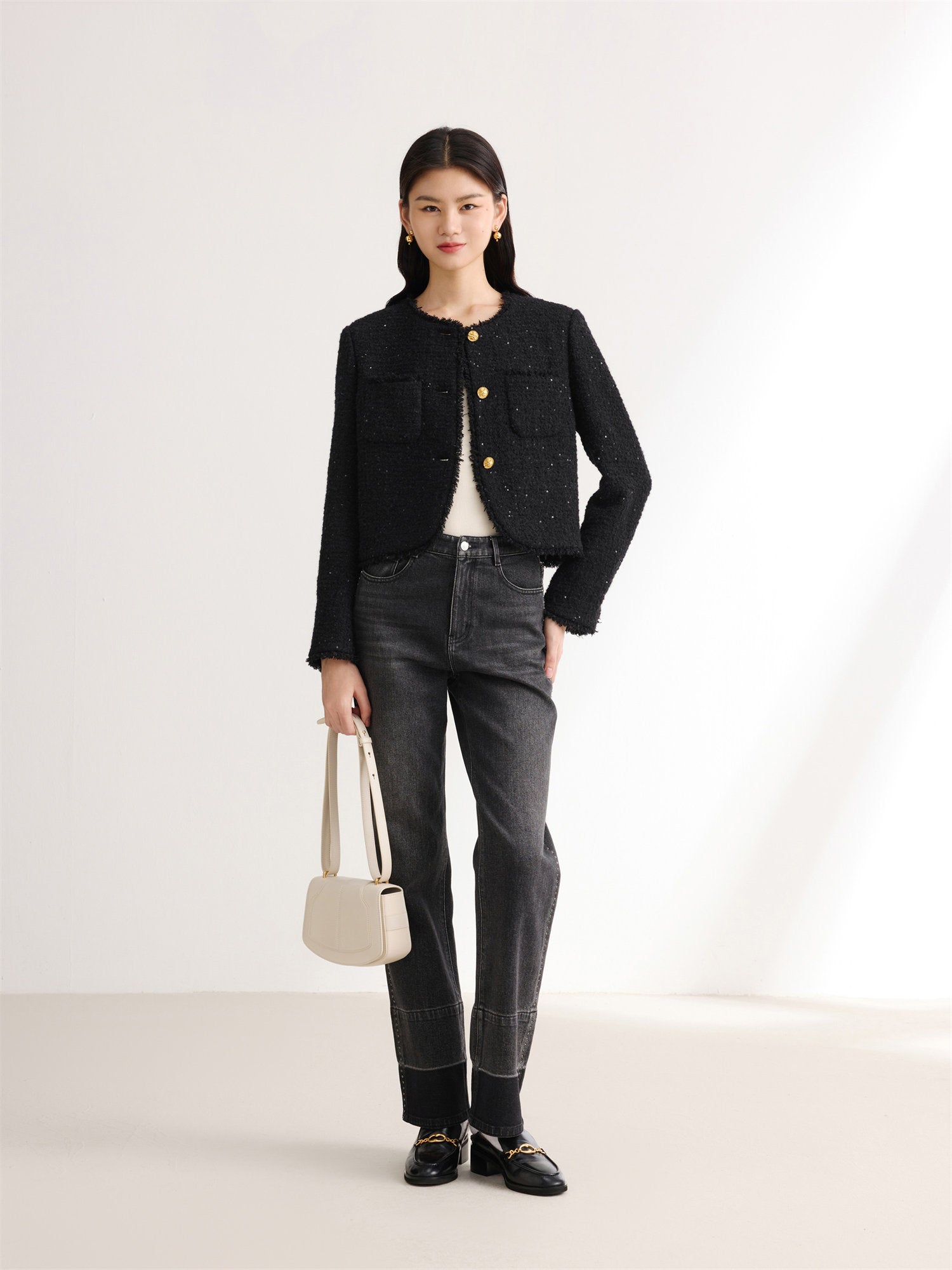 Sequin Tweed Straight Short Boxy Coat | Black